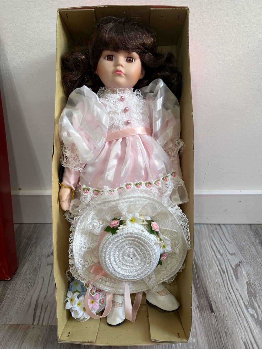 Brinn’s 80’s Porcelain Collectible Doll in Pink Lace Dress with Floral Hat-Gina